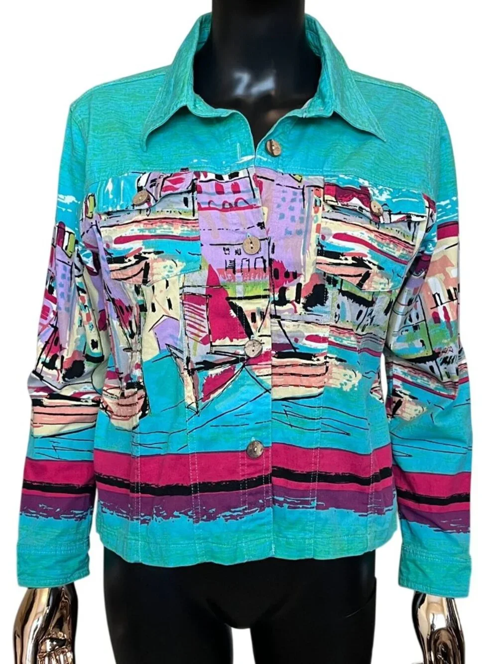 Jane Ashley Teal Green Mediterranean Harbor Print Jacket L